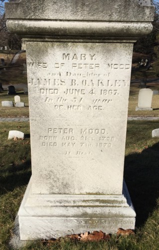The gravestone of Peter and Mary Mood at Green-Wood. They lie in section , lot .