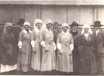American Red Cross workers at the canteen for Hospitals 6 and 7 in Souilly, Meuse, France. Gladys Cromwell is second from left; Dorothea Cromwell is at far right.