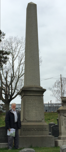 Charles A. Baudouine ordered this granite obelisk on May 25, 1859; it was billed at $800 (which would be $22,157 today). The customer was paying for the massive stone and some basic shaping here; there are no carving flourishes. That’s Jim Lambert, volunteer extraordinaire. Jim is 6 feet tall–we used him in these photographs for scale.
