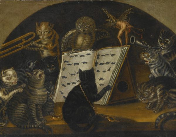 Cats being instructed in the art of mouse-catching by an owl