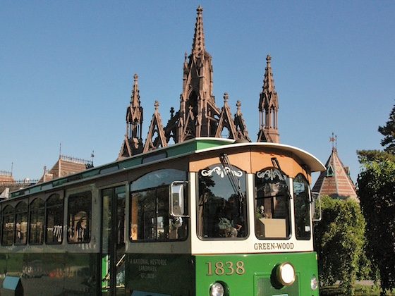 green-wood trolley at front gates