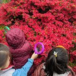 kids in front of flowering plant