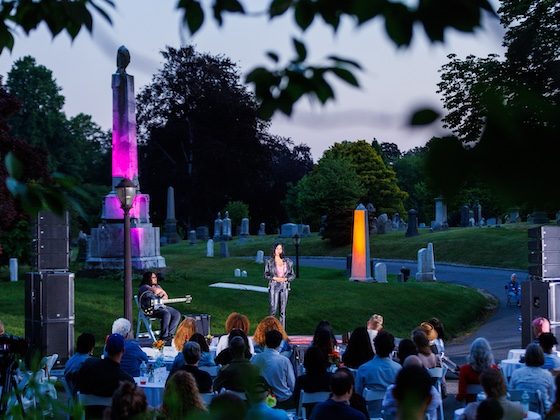 speaker and crowd at dusk in Green-Wood