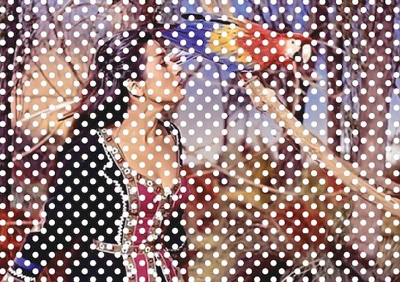 stylized film still of woman with parrot