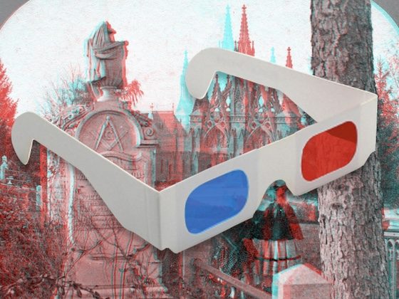3D glasses superimposed over old green-wood stereoview image