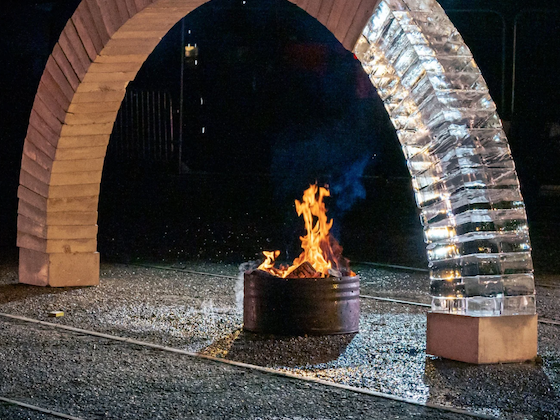 ice and concrete arch with fire pit