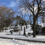 snowy green-wood hillside of gravestones and monuments